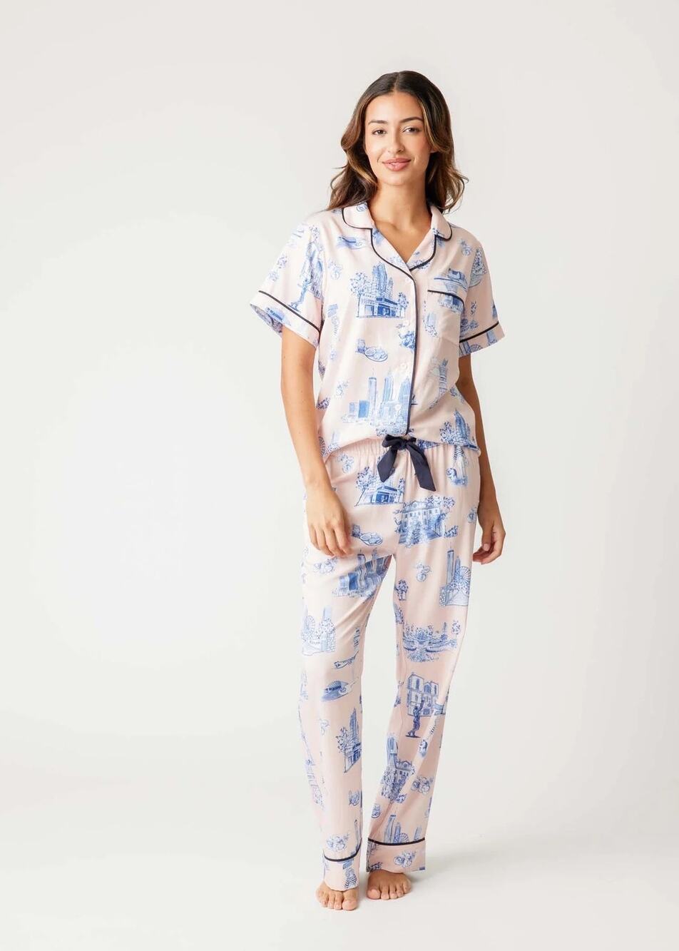 Katie Kime Atlanta Georgia Toile Pajama Long Set Modal Cotton Pink Navy XS